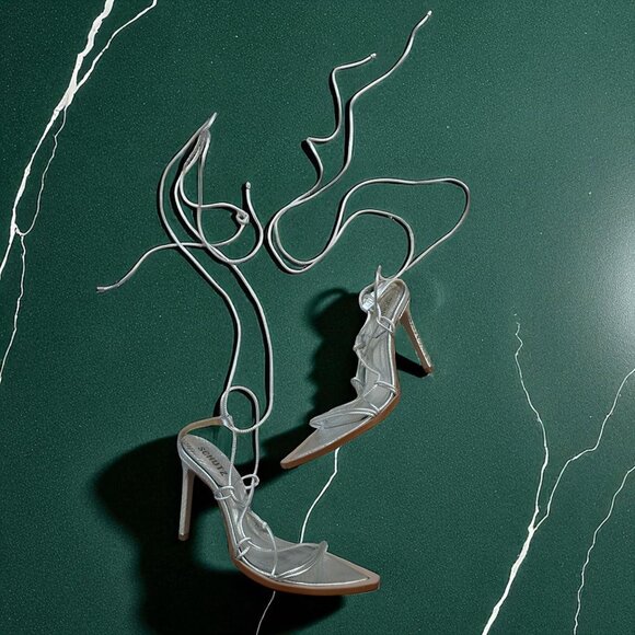 SCHUTZ Silver Leather Laceup Sandals Heels Size 7.5 - Picture 1 of 7